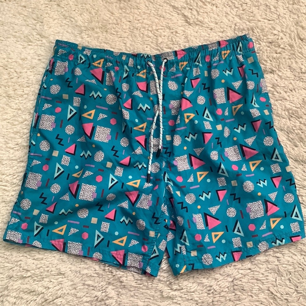 Broken Threads Teal Blue 80s Print Board Shorts